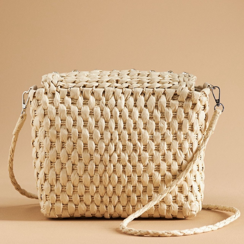 Anthropologie Embellished Straw Crossbody‎ Bag NWT Tan Cream Woven - Picture 2 of 11